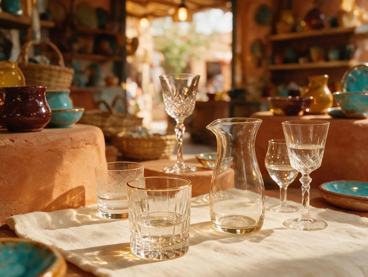 Cristalería: vasos, copas y jarras de vidrio con luz cálida